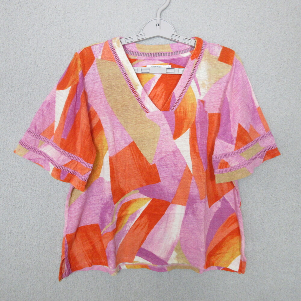 Chico's Womens Blouse Size 2 Multi-Color Geometric V Neck Linen Abstract